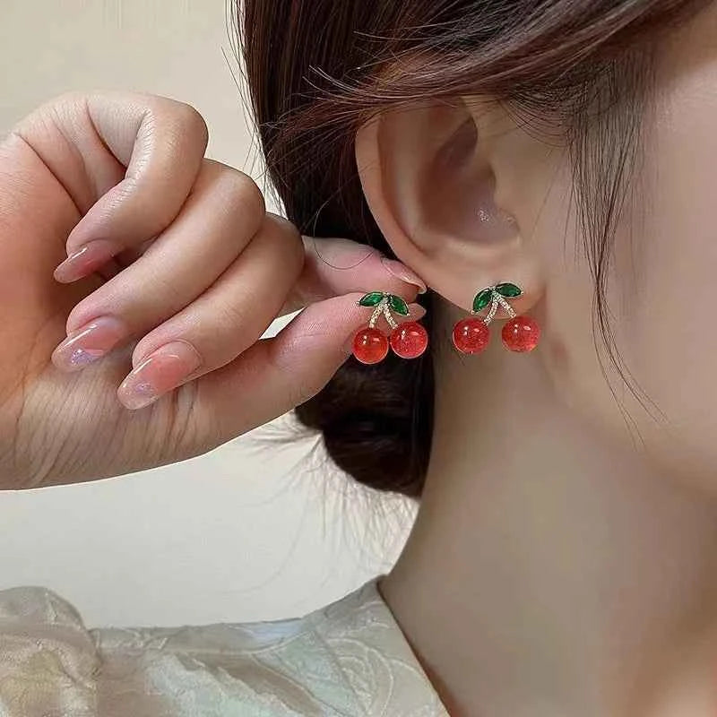 New Fashion Cute Red Zircon Cherry Stud Earrings Fashion Charm Crystal Party Birthday Holiday Gift