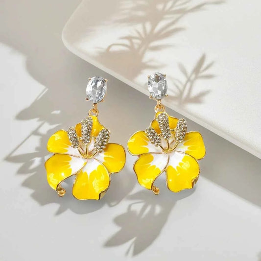 Korean Multi-color Enamel Flowers Drop Earrings for Women Girls Blue Crystal Dangle Earrings Party Jewelry Gifts