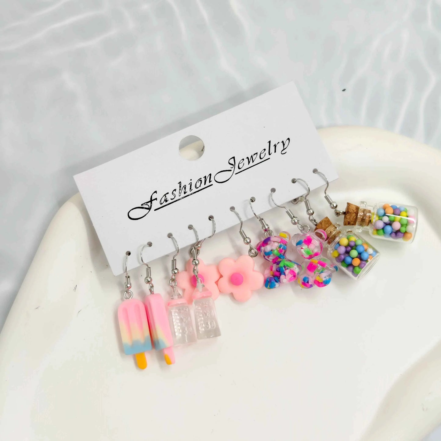 Cartoon Animal White Horse Daisy Wishing Bottle Resin Simulation Food Ice Cream Earrings White Set