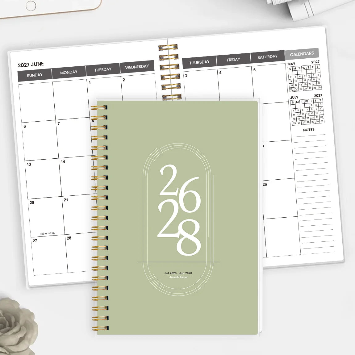 2026-2028 Academic Planner Jul 2026-Jun 2028, A5 Monthly Planner with Notes Pages, Reference Calendars & Gold Coil