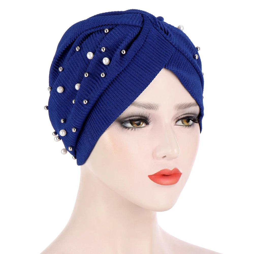 1PC Women Turban Hat Elastic Hijab with Beads Cancer Chemo Cap Head Wrap for Hair Loss