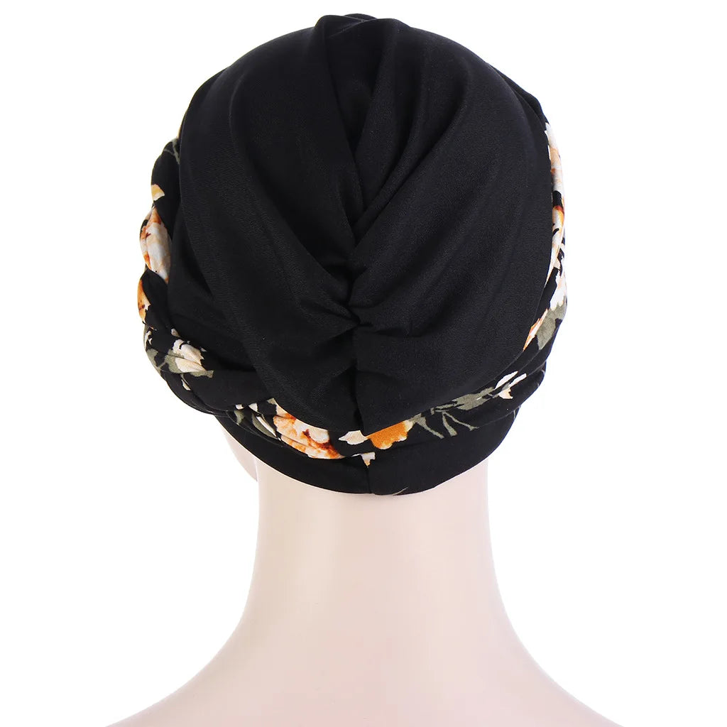 Muslim Women Twist Braid Turban Hats Pre Tied Headscarf Print Flower Hijabs Bandana Chemo Beanies Caps Cover - NamafadStore