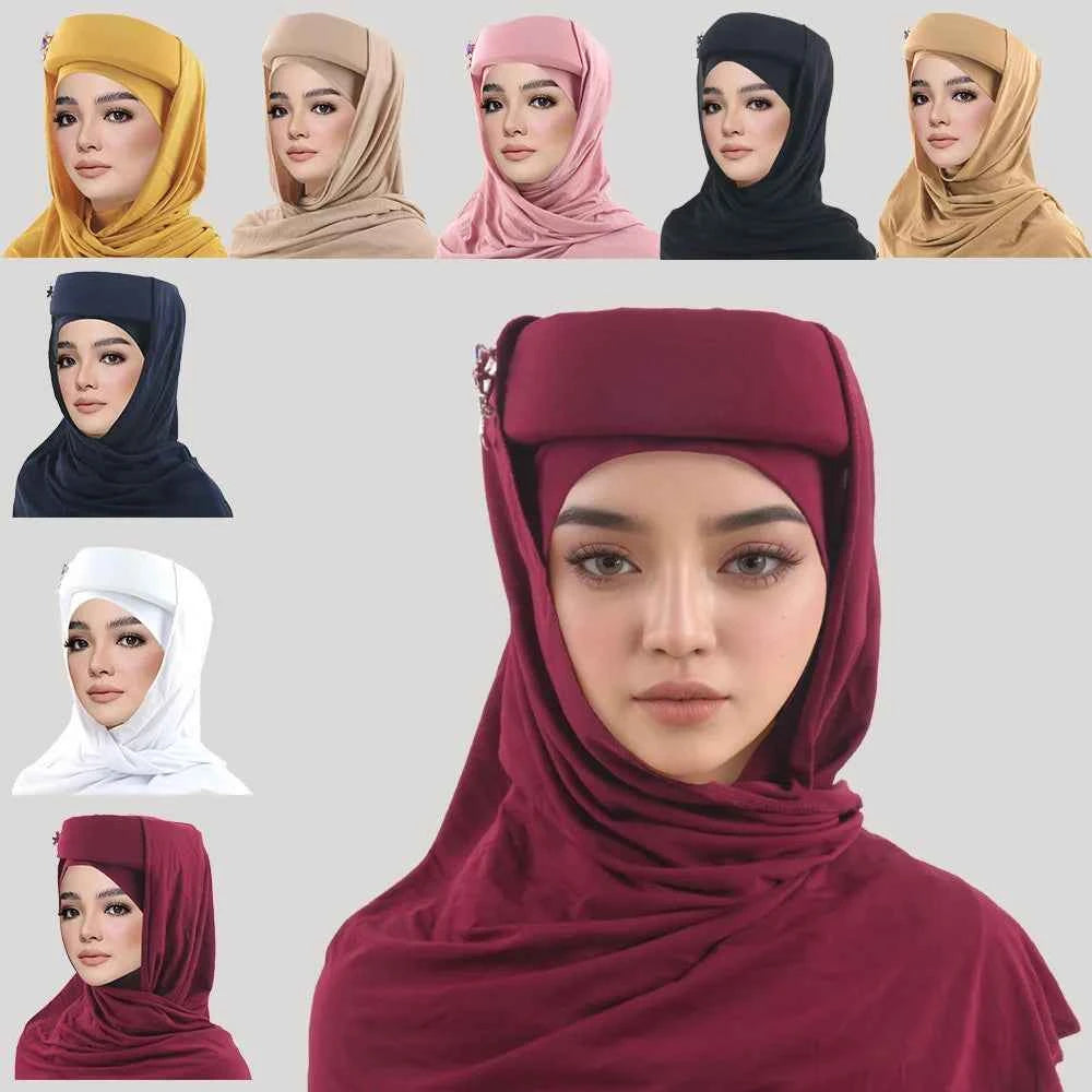 Sponge Turban Cap With Brooch Long Scarf Women Muslim Hijab Hat African Auto Gele Headtie Nigeria Wedding Headwear Headscarf