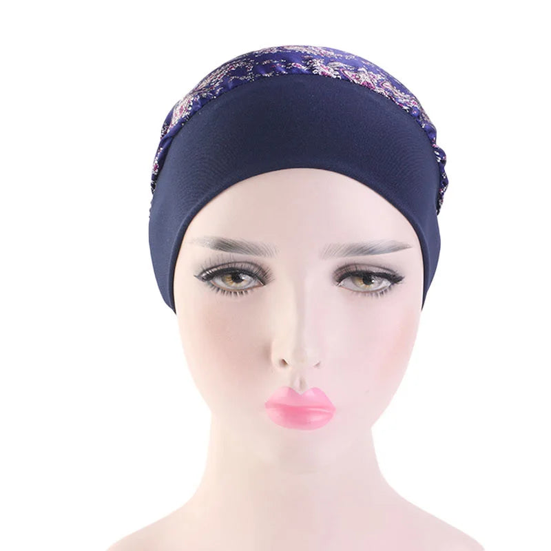 Muslim Women Headwear Turbans Silky Head Scarf With Wide Band Printed Sleeping Hat Hijab Bonnet Hair Cover Ready To Wear - NamafadStore