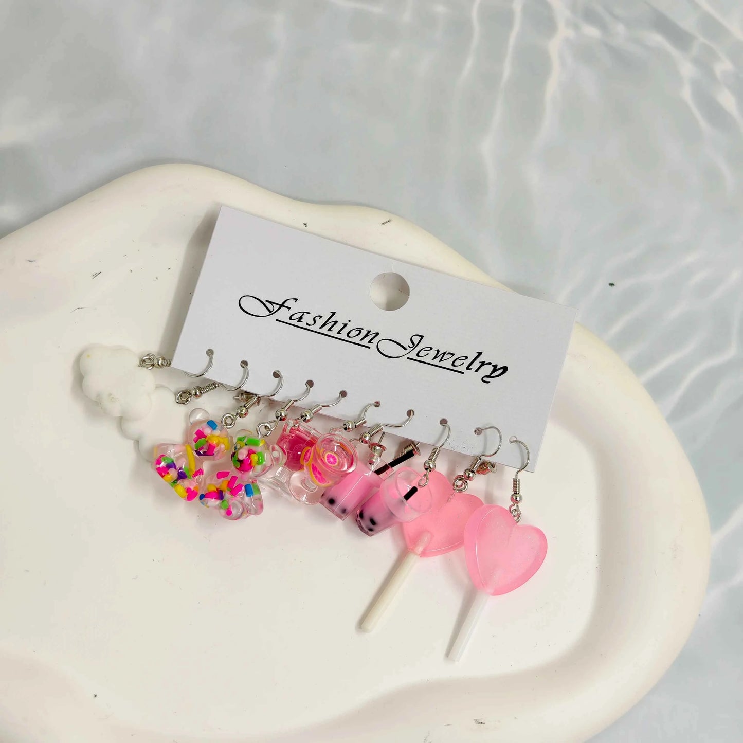 Little Bear High footed Cup White Cloud Earrings, Resin Simulation Food Candy Earrings Set