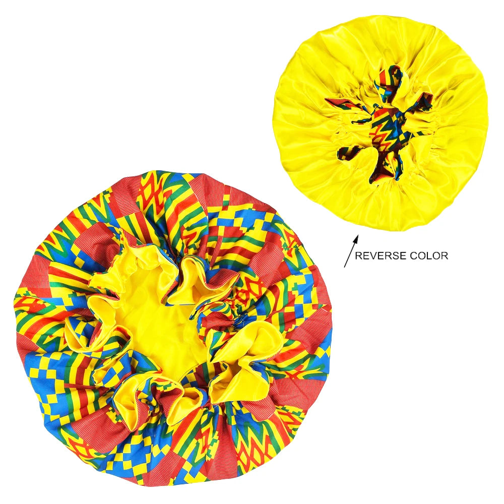 African Pattern Print Bonnet Hijabs Hat Women Night Sleep Cap Double Layer Satin Turban Extra Large Head Wear Lady Head Wrap Hat - NamafadStore