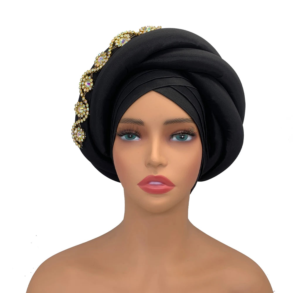 Twisted Braid Turban Cap for Women African Lady Head Wraps Diamonds Nigeria Raw Silk Autogele Headtie Muslim Hat Party Headwear - NamafadStore
