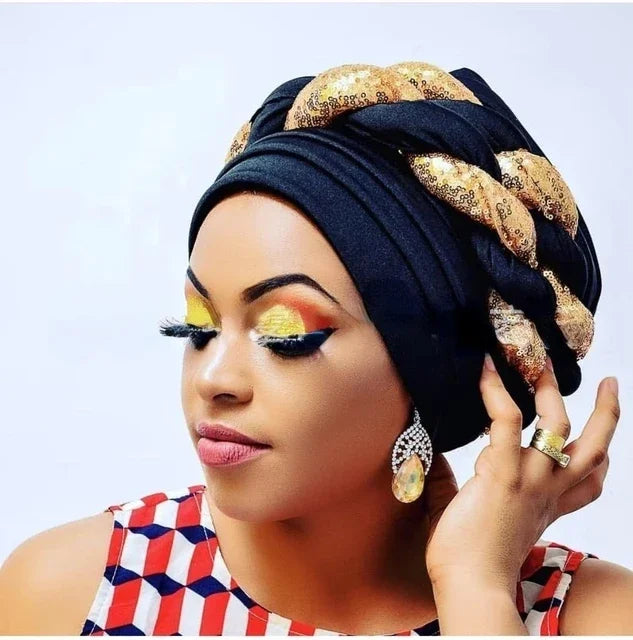 Women Braid Turbans Latest African Headtie Ladies Sequin Head Wraps African Aso Oke Winter Headtie Negerian Wedding Gele Caps - NamafadStore