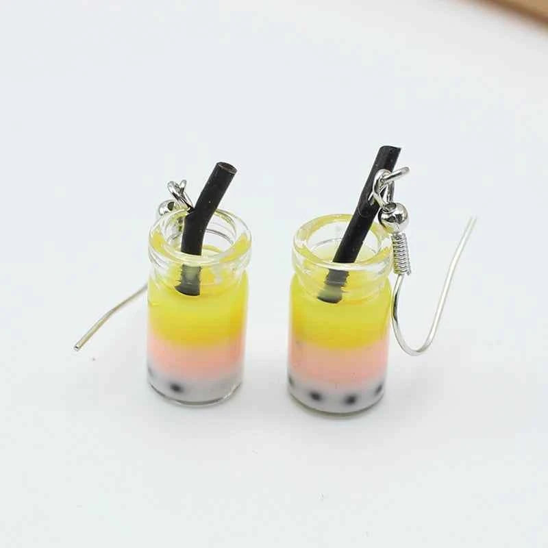 Trend Creative Funny Three Layers Colored Bubble Milky Tea Pendant Earrings for Women Personality Drink Ear Jewelry Girl Gift