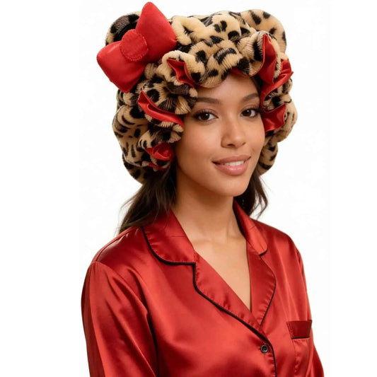 Luxury Leopard Pink Sleep Cap – Satin Lining, Frizz Control, Stretch Fit for Curly Hair