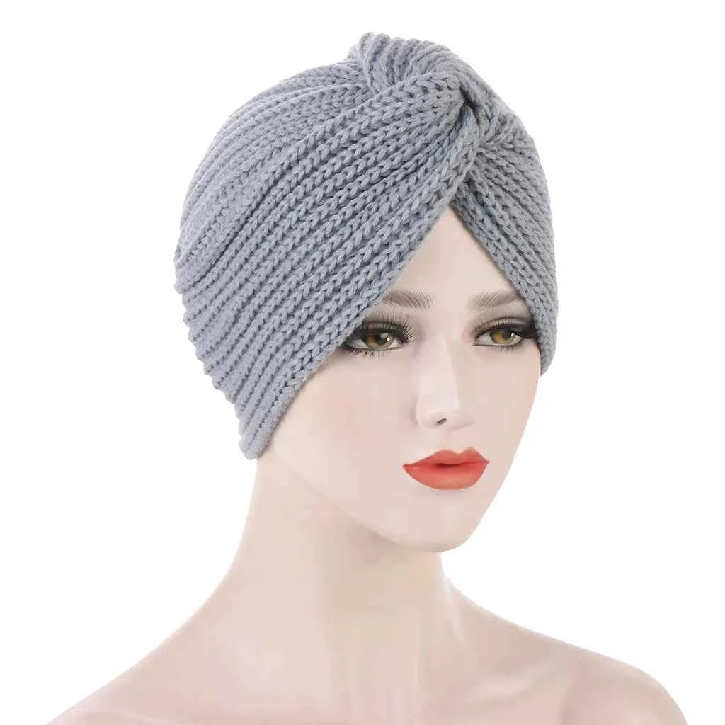 Muslim Fashion Imitation Cashmere Turban Caps for Women Bohemian Style Hijab Caps Indian Hat Solid Color Ladies Knitted Cap