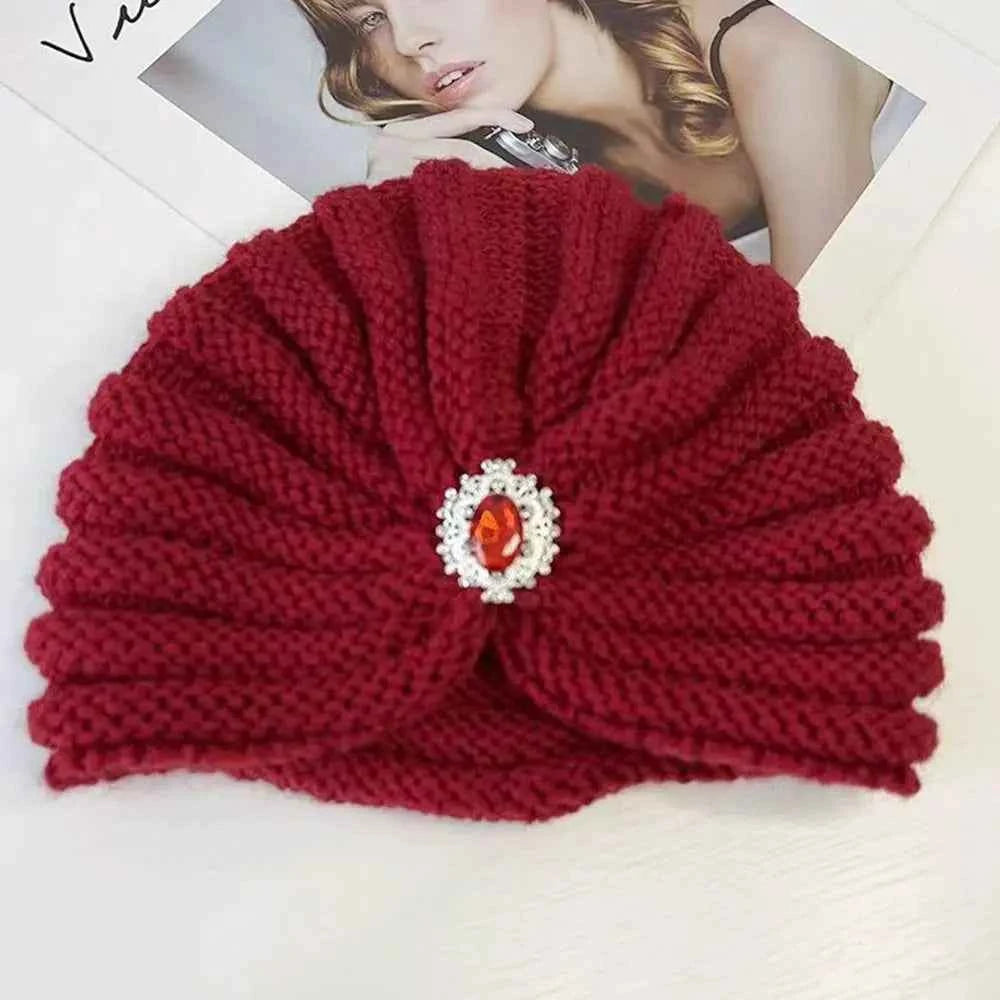 Fashion Winter Warm Hijab Caps Soft Thick Bohemia Turban Diamond Jewelry Wool Knitting Knitted Hats for Women