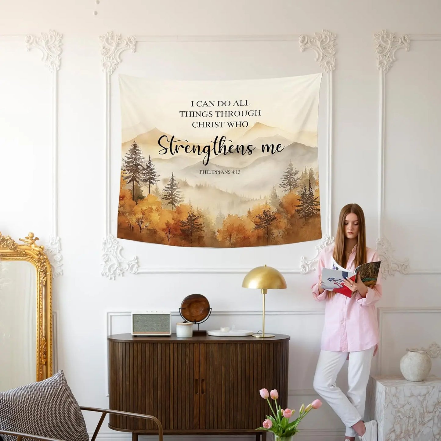 Christian Fall Mountian Wall Tapestry Hanging for Bedroom, Bible Verse I Can Do All Things Tapestries,Watercolor Autumn Orange