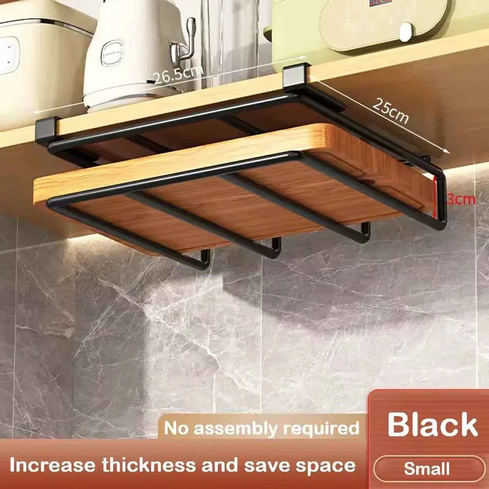 Under Cabinet Kitchen Organizer Rack with Hooks Multi-Purpose Storage Shelf for Paper Towel Cutting Board & Pot Lids