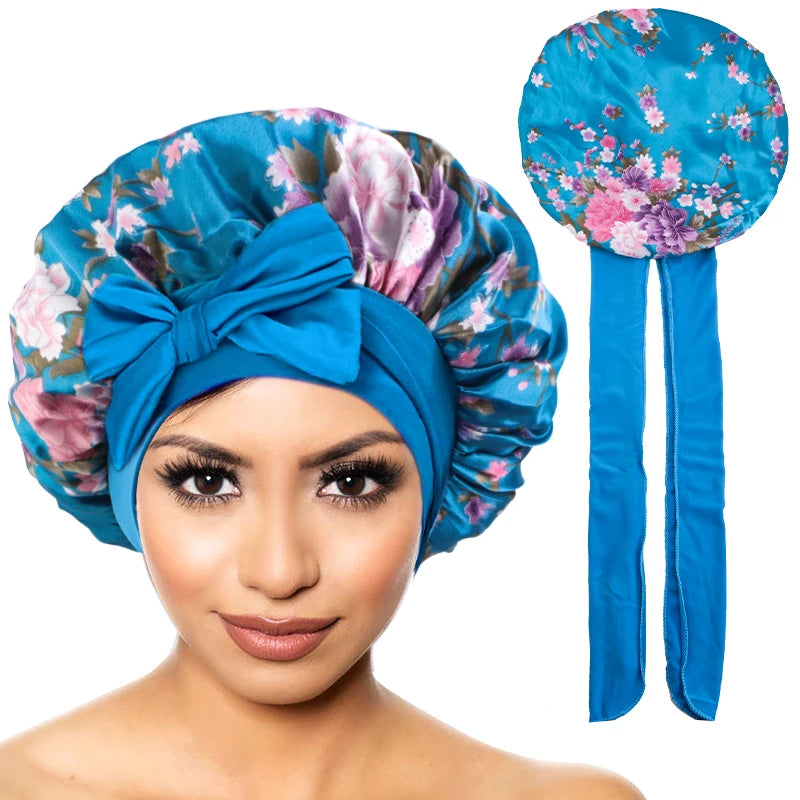 New Women Floral Satin Bonnet Printed Elegant Hair Bonnet with Tie Band Elastic Sleeping Night Cap Lightweight Shower Bath Cap - NamafadStore