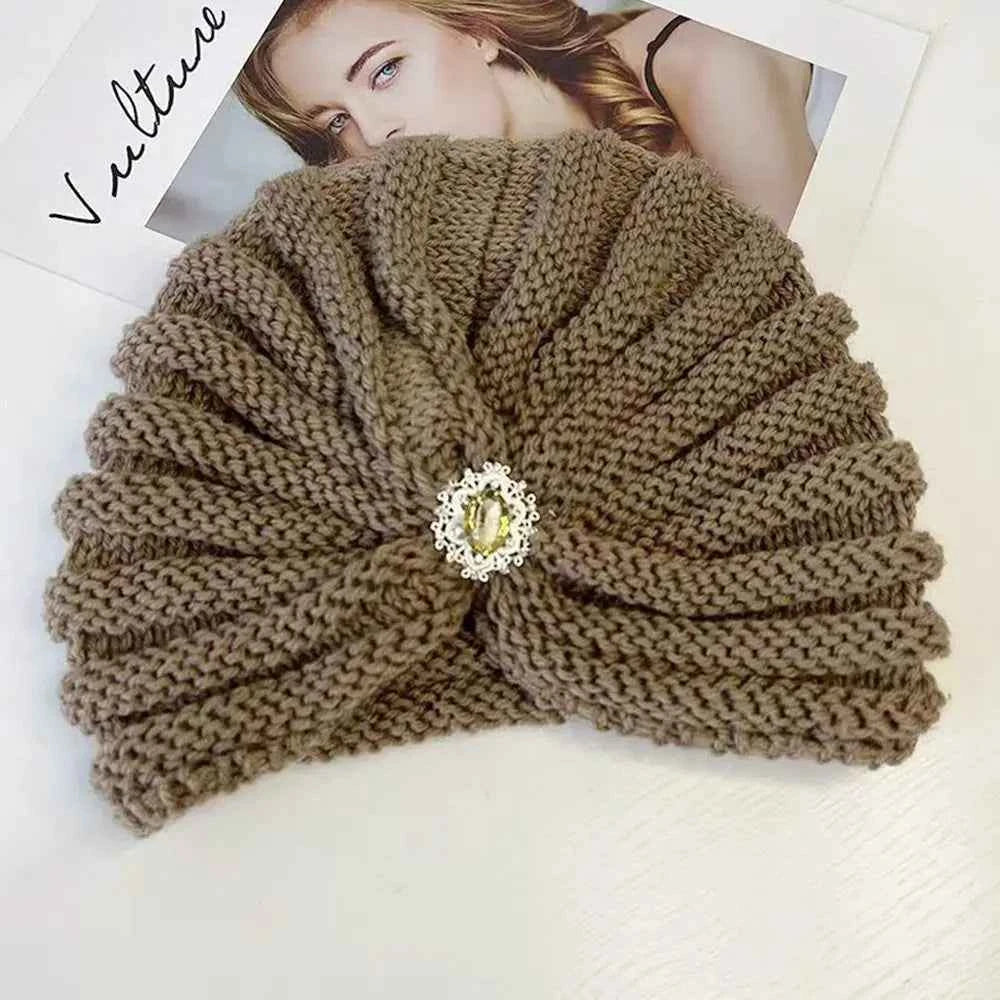 Fashion Winter Warm Hijab Caps Soft Thick Bohemia Turban Diamond Jewelry Wool Knitting Knitted Hats for Women