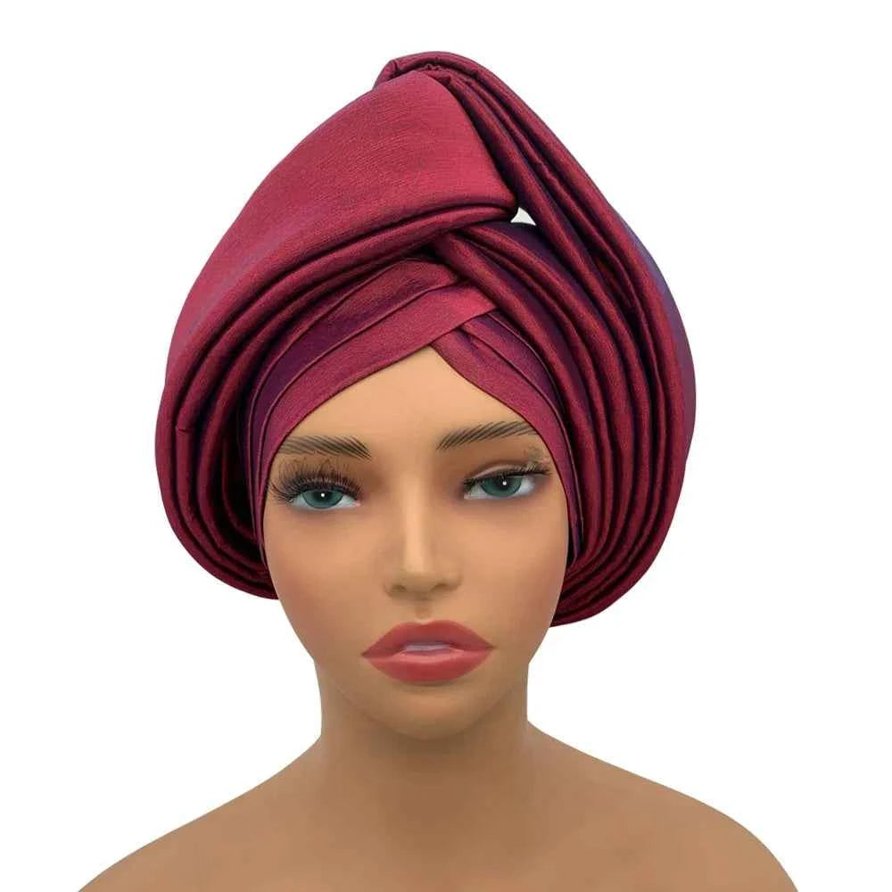 Nigeria Raw Silk Autogele Headtie Wedding Party Headwear Turbante African Lady Head Wraps Knoted Turban Cap for Women