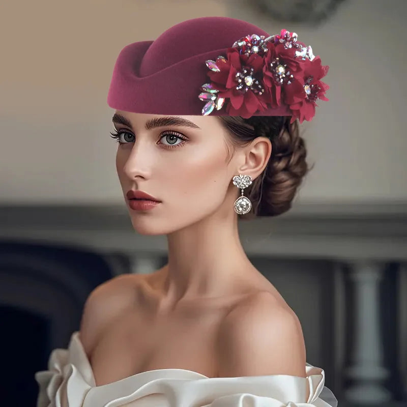 African Headtie Turban Hat for Women featuring a soft burgundy cap adorned with floral embellishments, ideal for various occa