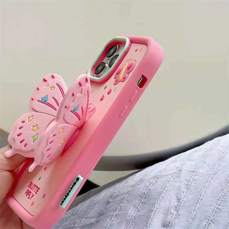 3D Butterfly Folding Stand Phone Holder Case For iPhone 16 15 14 13 12 Pro Max 11 8 7 6 Plus SE X XR Soft Silicone Cartoon Cover
