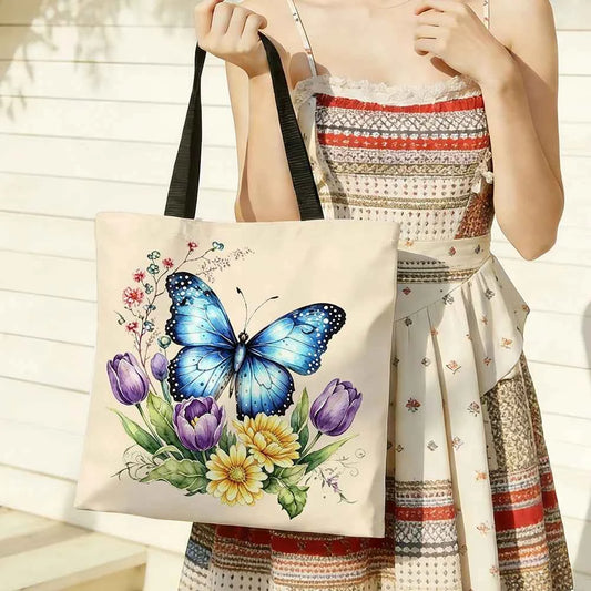 1pc Watercolor Blue Butterfly Floral Canvas Tote Bag – Vibrant Botanical Print with Tulips, Daisies & Wild Sprigs, Eco-Friendly