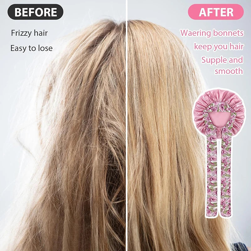 Women's Lace-up Satin Bonnet With Wide Stretch Ties Band Long Tail Bonnet Satin Cheveux Nuit Silky Sleeping Night Cap Bonnets - NamafadStore