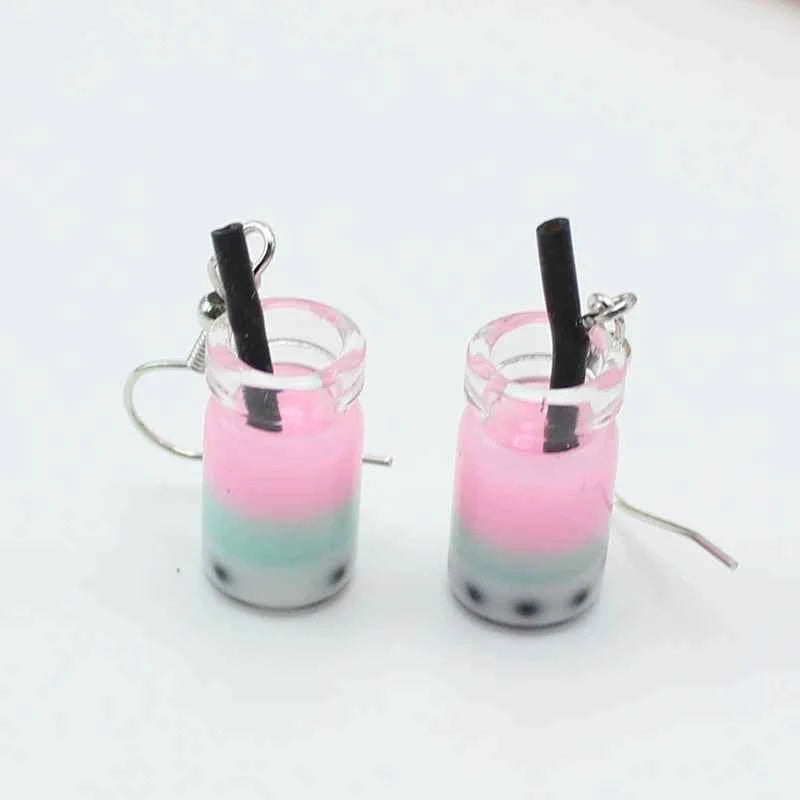 Trend Creative Funny Three Layers Colored Bubble Milky Tea Pendant Earrings for Women Personality Drink Ear Jewelry Girl Gift