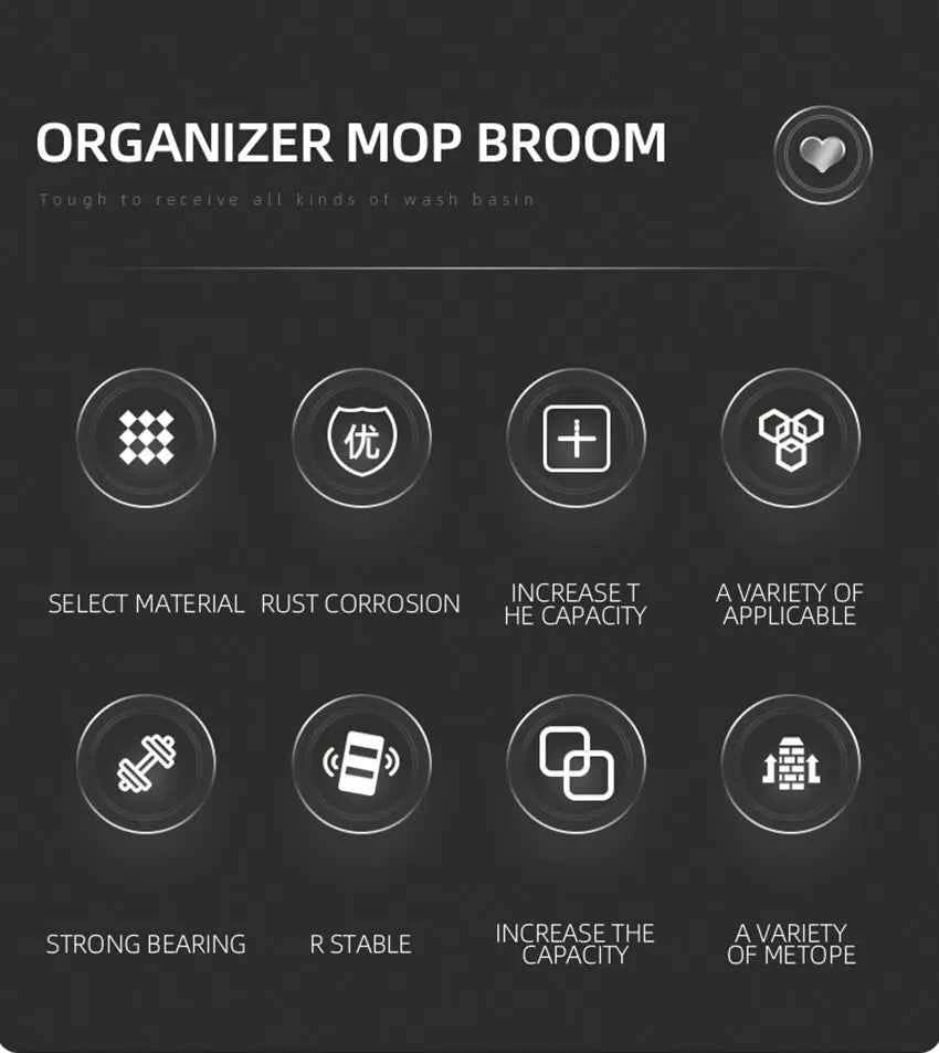 304 Stainless Steel Mop Holder Wall Mounted Adhesive Multi-Purpose Hooks Household Storage Organizer Rack Broom Hanger Stick