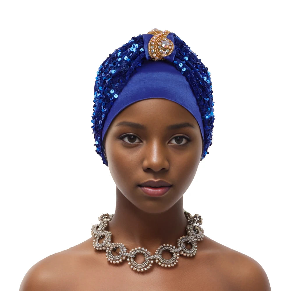 Shining Diamond Sequins Women's Turban Cap African Hat Headtie Bonnet Muslim Headwear Top Knotted Head Caps Turbante Mejur - NamafadStore