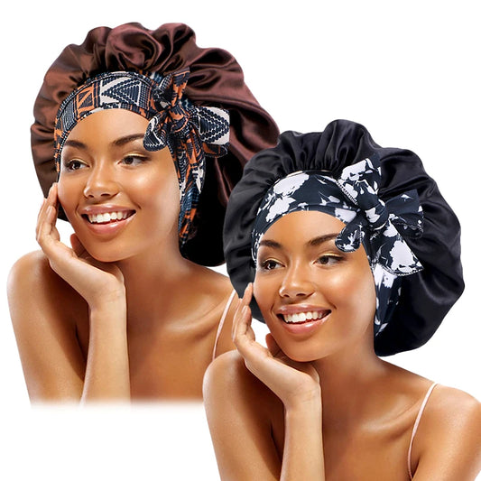 2PCS/LOT Boho Printed Headband Satin Bonnet Lace Up Bowknot Hair Bonnet Elastic Sleeping Night Cap Shower Bath Bonnets For Women - NamafadStore