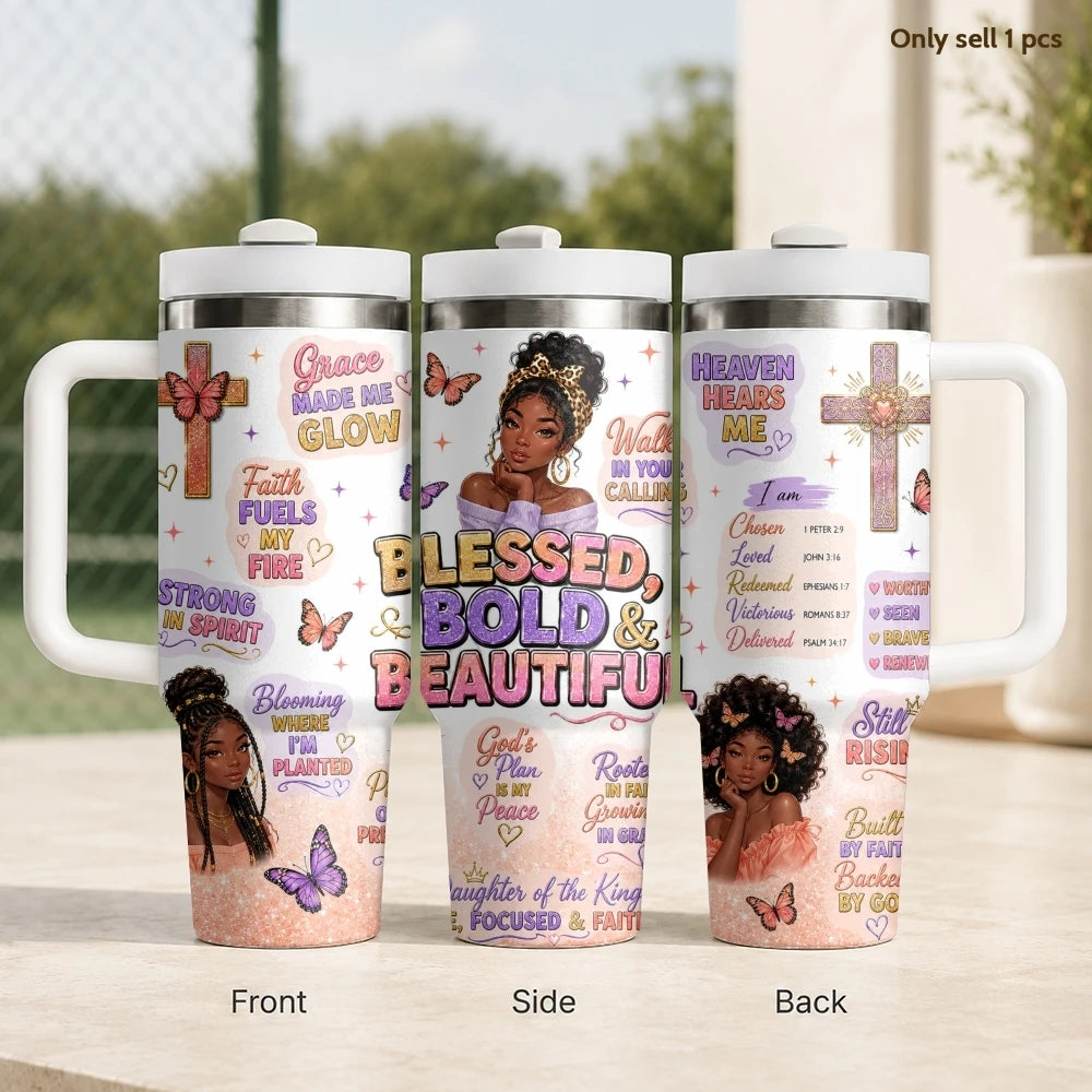 40oz Godly Black Woman Tumbler – Faith Quote Stainless Steel Travel Mug