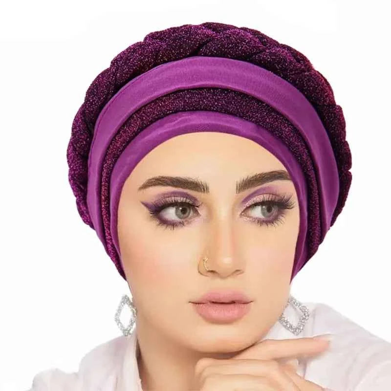 Glitter Full Body Pleated Turban Cap for Women 2025 Lady Head Wraps Muslim Headscarf Hat Turbante Mujer African Headpiece