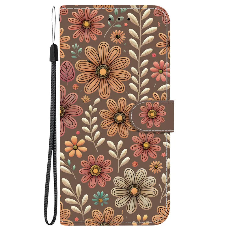 Elegant Colored Flower Wallet Phone Case For iPhone 15 14 Plus 13 Mini 15Pro Pro Max Magnetic Flip Leather Cover Cute 3D Pattern