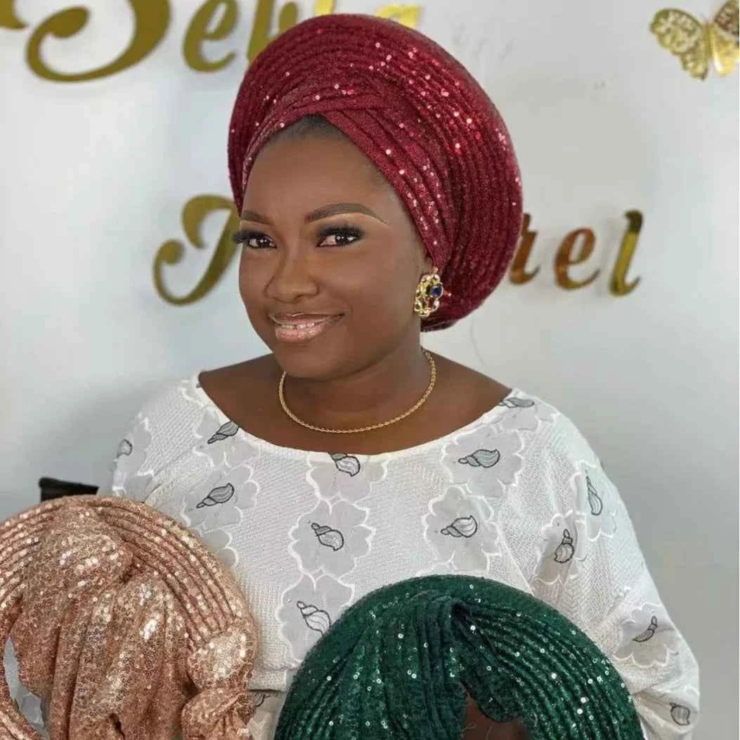2025 Sequins Turban Chemo Cap for Women Ready to Wear African Auto Gele Headtie Nigeria Wedding Geles Female Head Wrap Headpiece