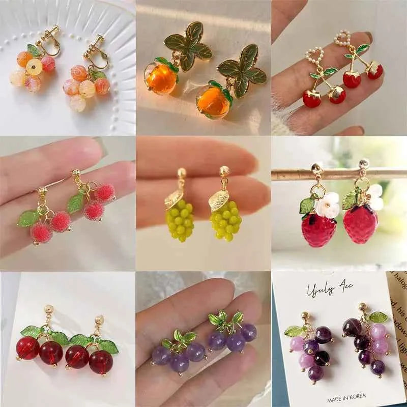 Non Pierced Ear Clips Japanese Green Grape Earrings Small Cute Transparent Fruit Cherry Clip on Earrings for Female Party Gifts
