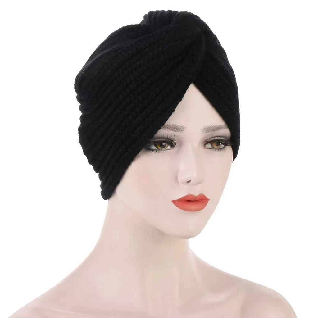 Muslim Fashion Imitation Cashmere Turban Caps for Women Bohemian Style Hijab Caps Indian Hat Solid Color Ladies Knitted Cap
