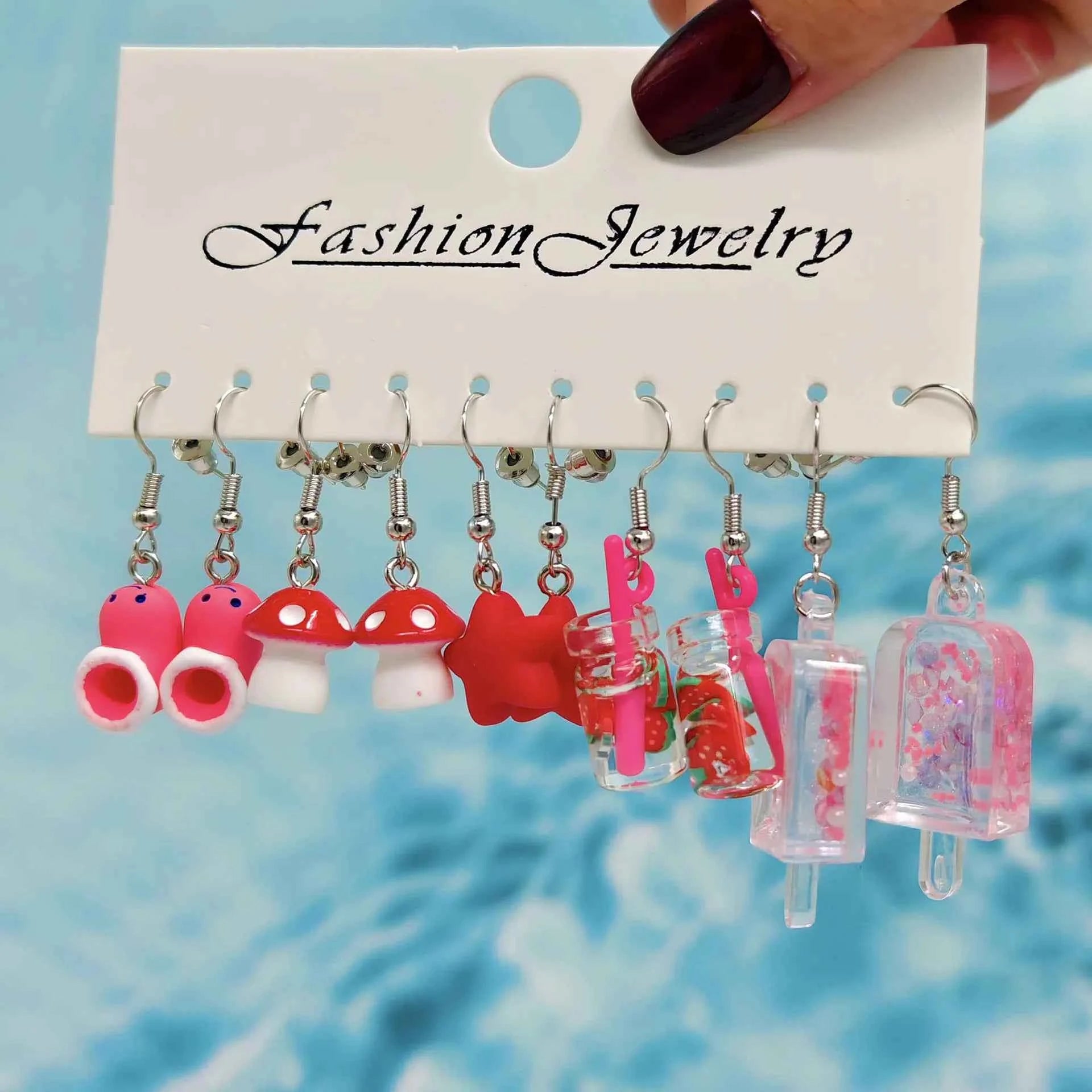 cartoon candy color matching resin earrings cherry mushroom donut ice cream combination set