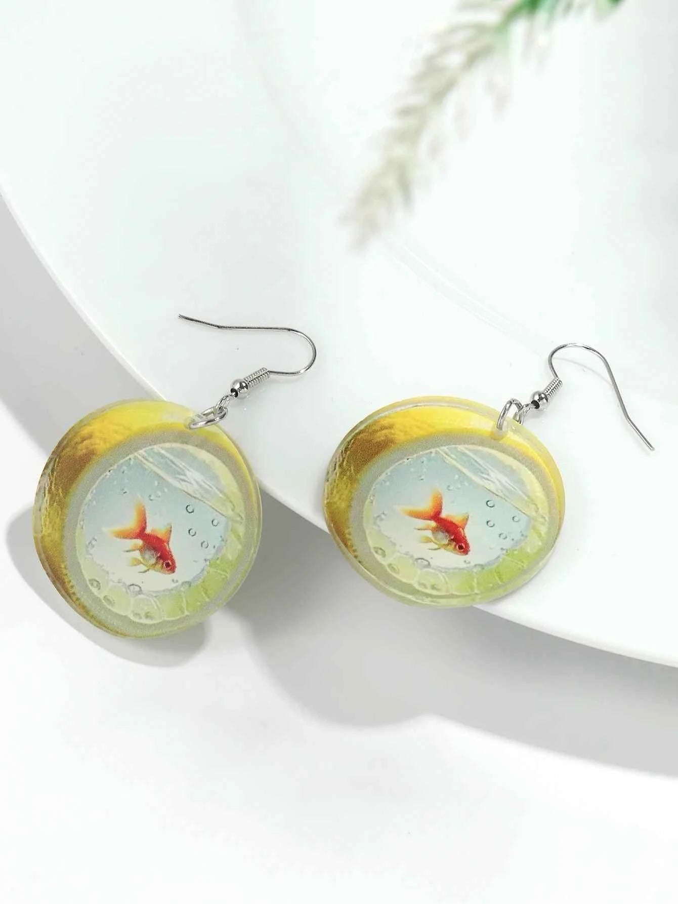 Cute Cartoon 2D Lemon Fish Acrylic Print Drop Earrings for Women Funny Round Carp Dangle Earring Creative Jewelry Birthday Gift