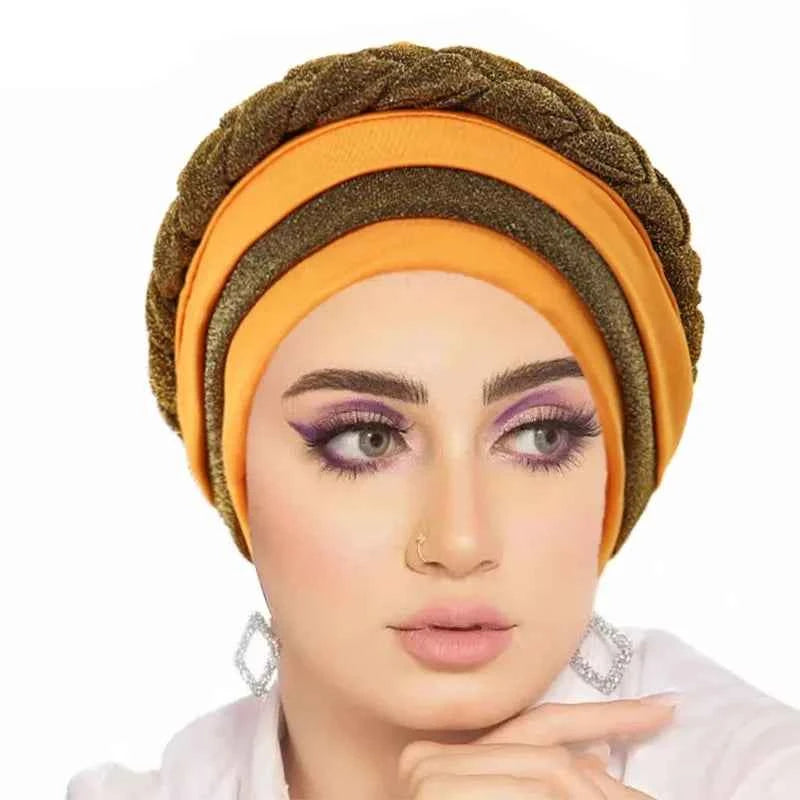 Glitter Full Body Pleated Turban Cap for Women 2025 Lady Head Wraps Muslim Headscarf Hat Turbante Mujer African Headpiece