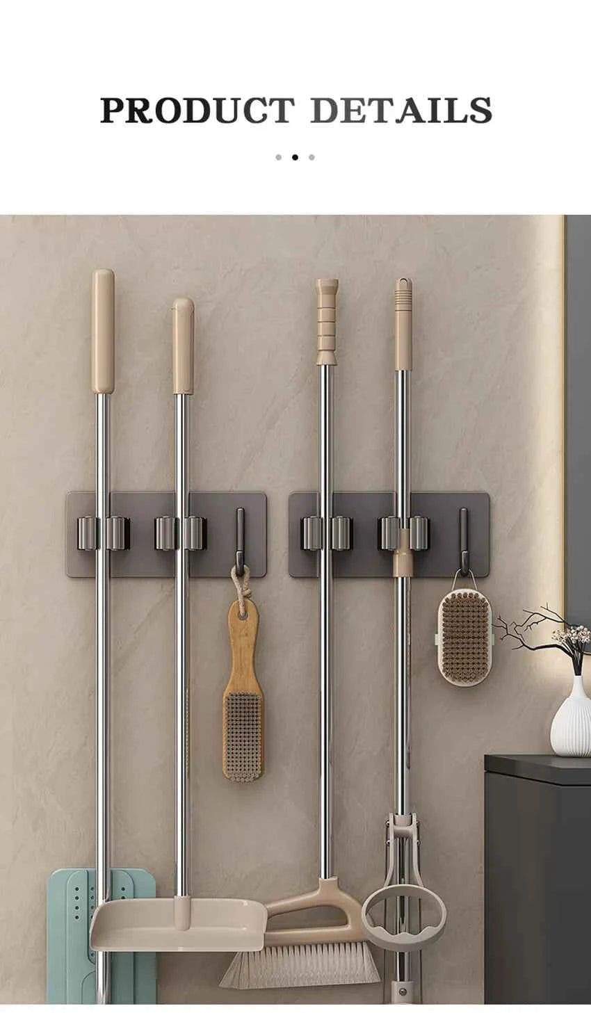 304 Stainless Steel Mop Holder Wall Mounted Adhesive Multi-Purpose Hooks Household Storage Organizer Rack Broom Hanger Stick