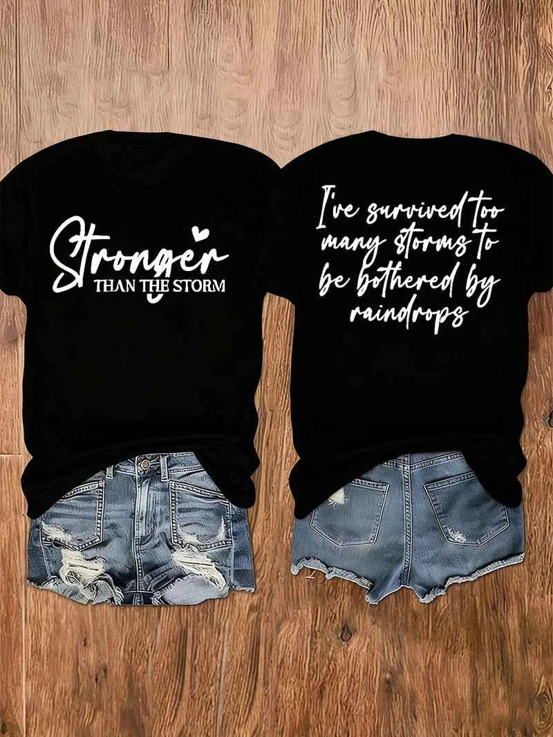 Women Summer Crew Neck Short Sleeve T-Shirt, Double Sided Inspirational Quote Print "Stronger Than The Storm", Casual Tee