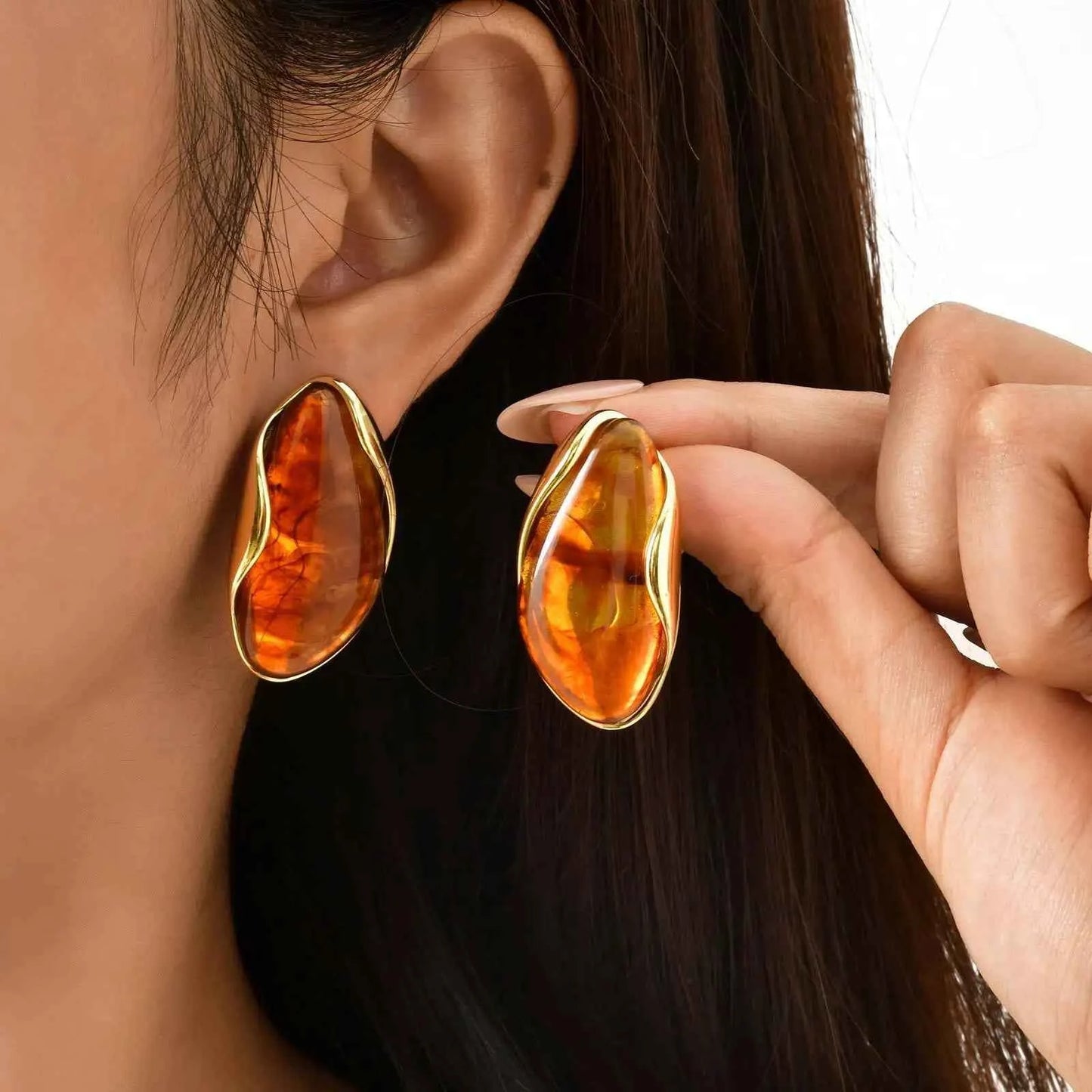 Vnox 2025 Autumn New Brown Resin Geometric Stud Earrings,Stainless Steel 18k Gold-plated Ear Needle,Piercing Jewelry For Women