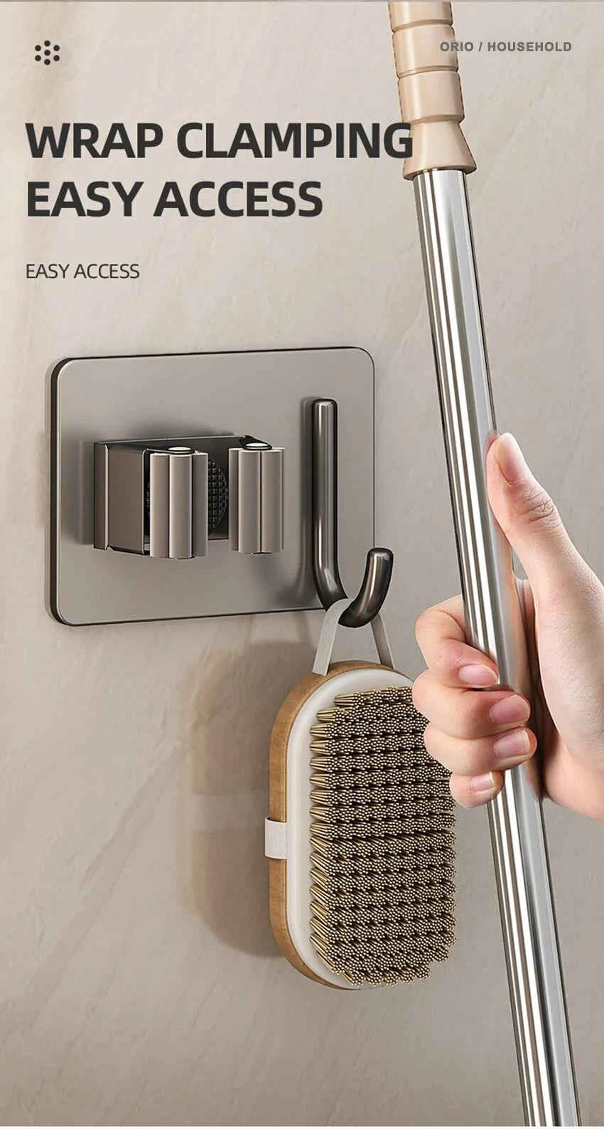 304 Stainless Steel Mop Holder Wall Mounted Adhesive Multi-Purpose Hooks Household Storage Organizer Rack Broom Hanger Stick