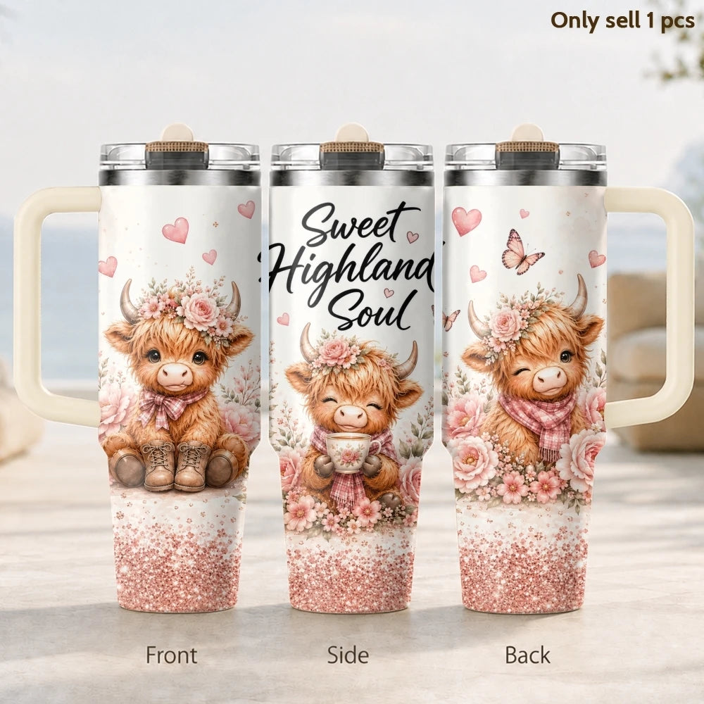 40oz Highland Cow Tumbler – Happy Life Insulated Stainless Steel Travel Mug