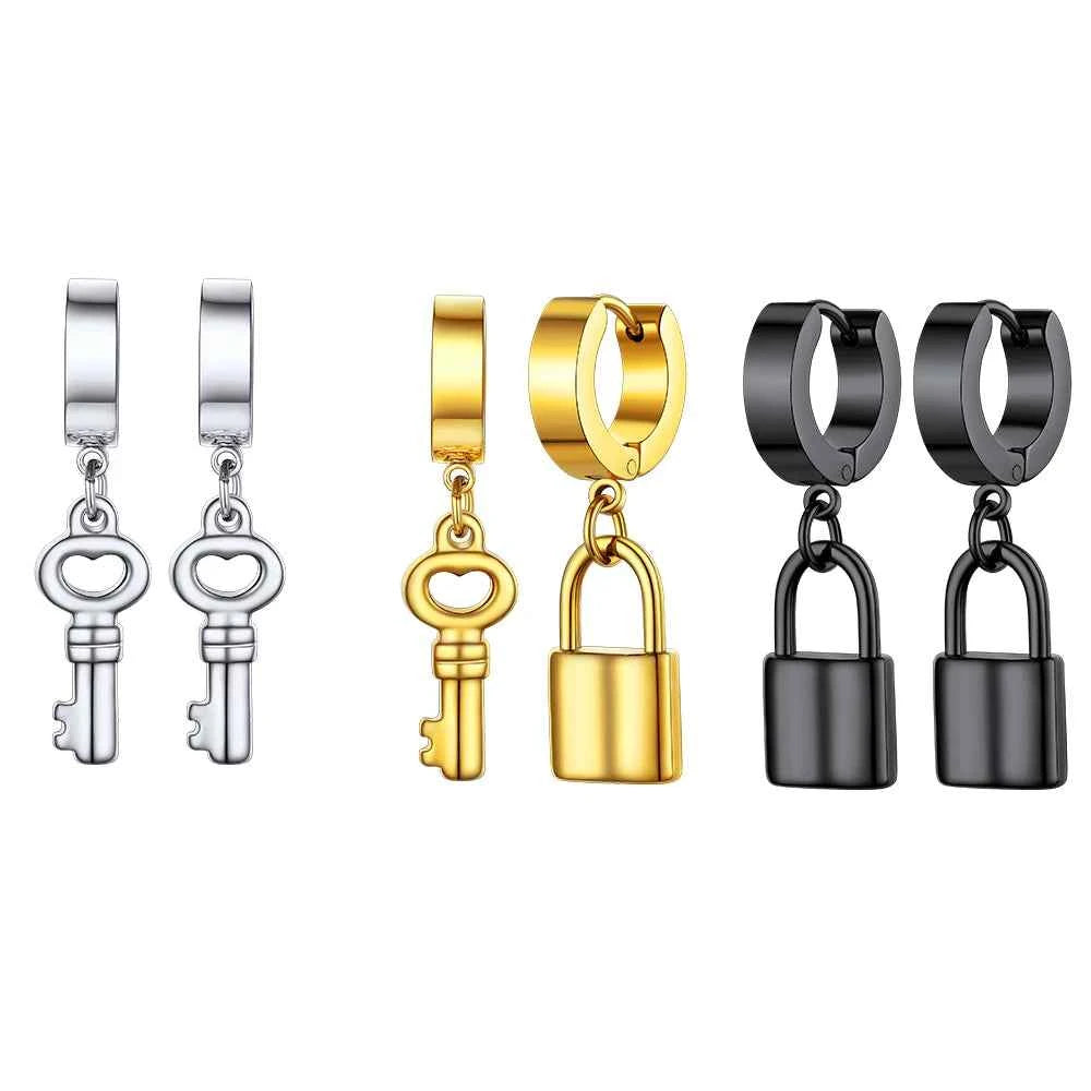 Stainless Steel Charms Dangle Drop Earrings Ankh Cross Padlock Italian Horn Evil Eye Key Lock Rivets Moon Unisex Drop Earrings
