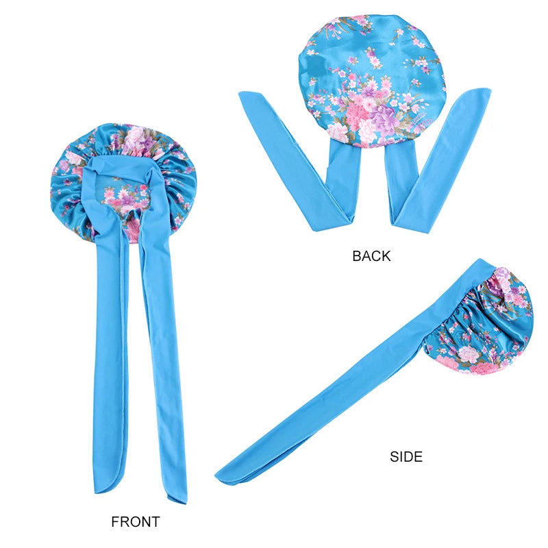 New Women Floral Satin Bonnet Printed Elegant Hair Bonnet with Tie Band Elastic Sleeping Night Cap Lightweight Shower Bath Cap - NamafadStore