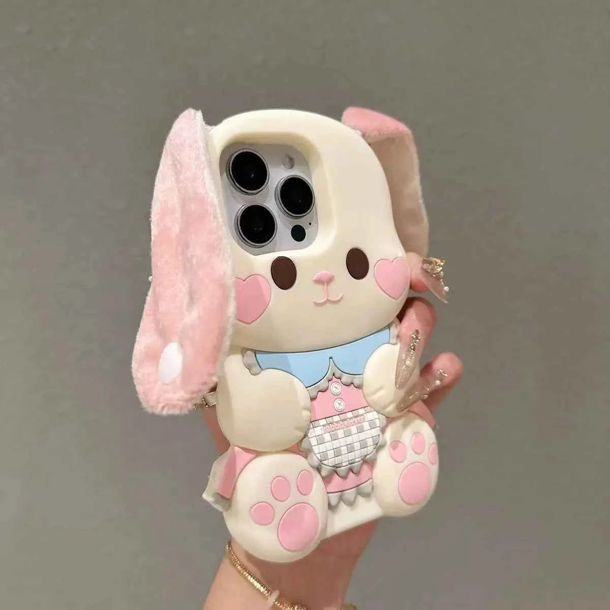 3D Plush Ears Rabbit Phone Case For iPhone 17 16 Promax 15 14 13 12 11 Pro 6 7 8 Plus X XS XR Max Cartoon Soft Silicone Cover