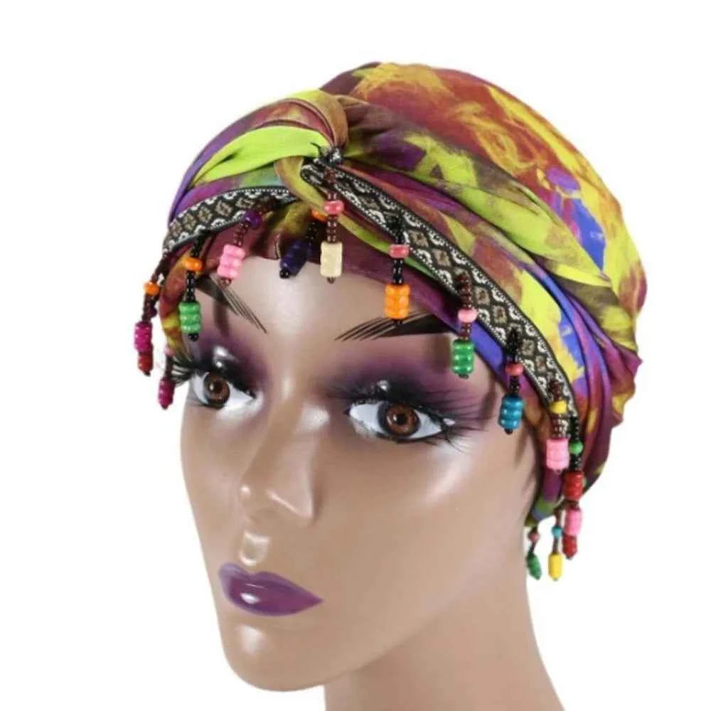 Bonnet Hat Elastic Colorful Beaded Headscarf Breathable Hijab Pre-tie Head Wraps Dome Indian Style Jacquard Pullover Cap Gifts