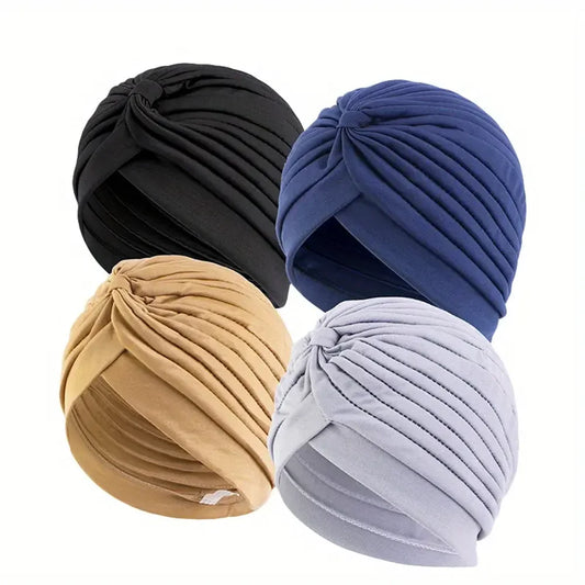 4pcs/set Solid Color Turban Cap Elastic Bonnet Head Scarf Women Chemo Hats Casual Pleated Head Wrap - NamafadStore