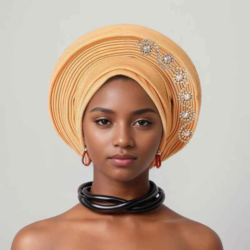 Nigerian Wedding Geles African Headtie Auto Gele Turbans for Women Aso Oke Fabric Muslim Headwear Headpiece Female Head Wraps