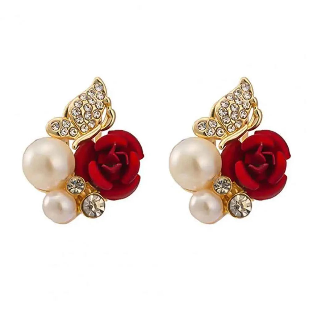 Red Rose Flower Faux Pearl Women Earrings Decor Exquisite Alloy Ear Studs Jewelry Gift for Party Stud Earrings